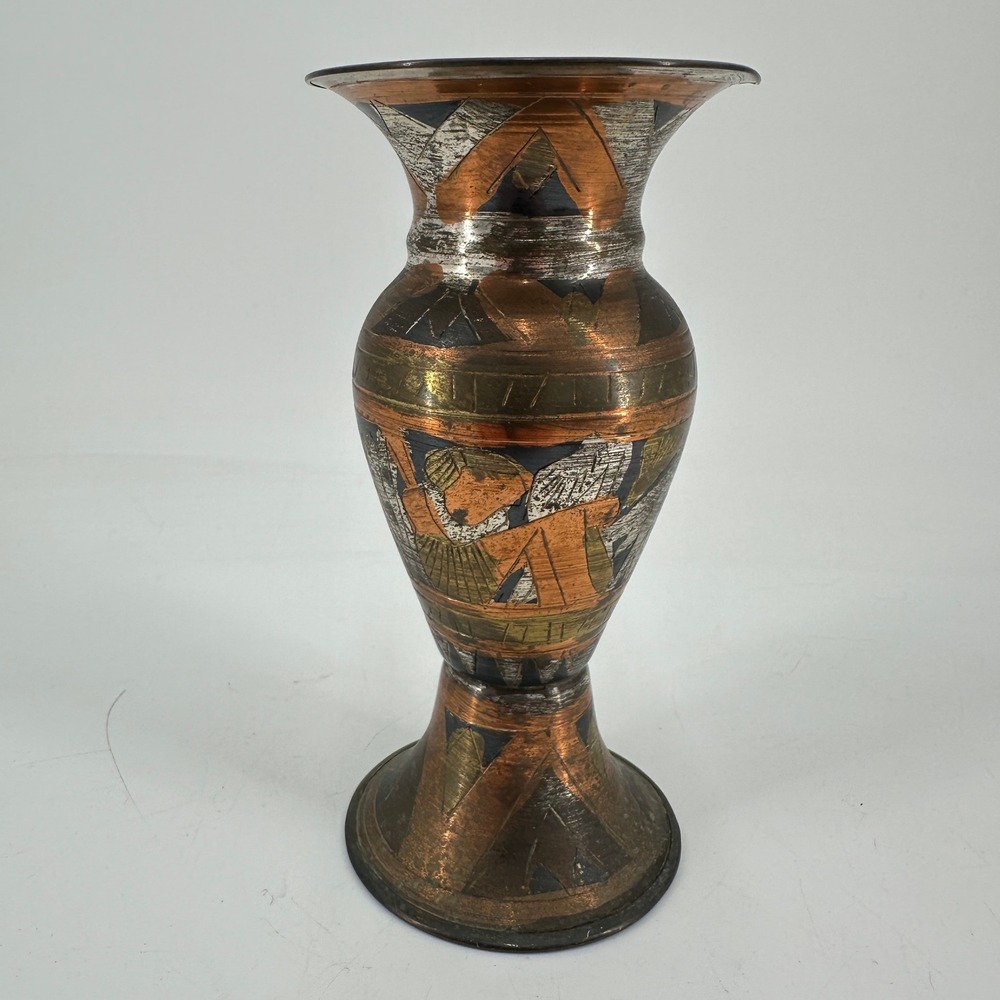 Vintage Egyptian Mixed Metal Etched Bud Vase Copper Brass Silver Tone 6 Inch